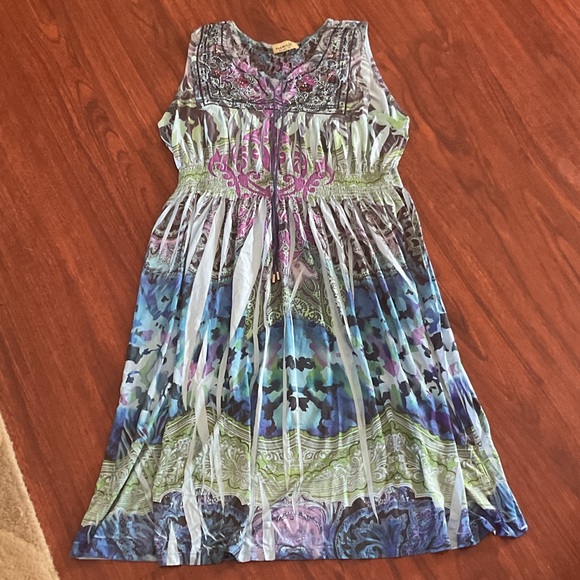 ONE WORLD Multicolor Lace Detail dress w lace back & elastic waist size size L - Picture 1 of 8